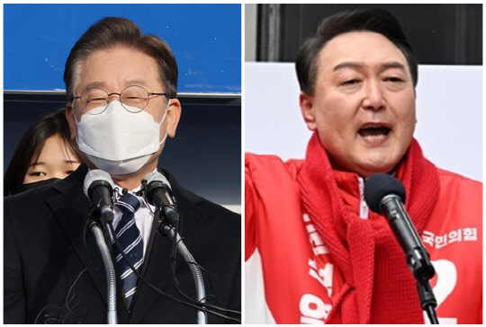 이재명(왼쪽) 더불어민주당 대선 후보와 윤석열 국민의힘 대선 후보. <연합뉴스>